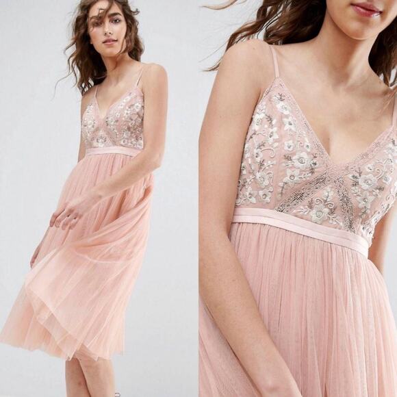 Needle & Thread Pink V-Neck Floral Embroidered Tulle Midi Dress - Picture 2 of 11